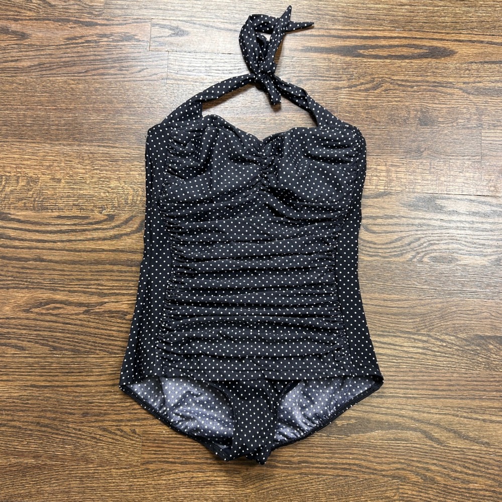 Miraclesuit Womens One Piece Swimsuit Size 6 Polka Dot Ruched Halter Black White